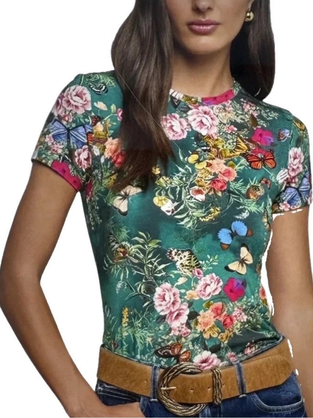 L'AGENCE Green Floral Short Sleeve Tee
